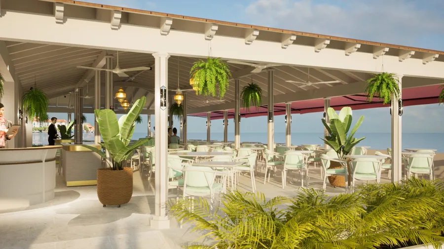 Photorealistic render of an oceanfront dining terrace at Hotel Cobblers Cove, with hanging ferns, a pink umbrella and seating overlooking the sea.